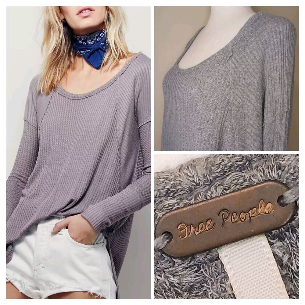 FREE PEOPLE Sz M Ventura Waffle Thermal Long Sleeve Stretch Tunic High-low Hem